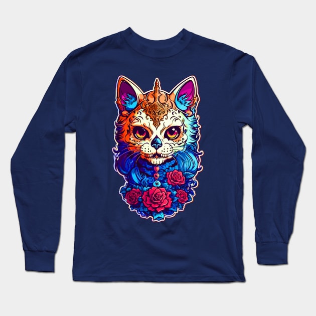 Cat Sugar Skull Halloween Long Sleeve T-Shirt by CatCoconut-Art